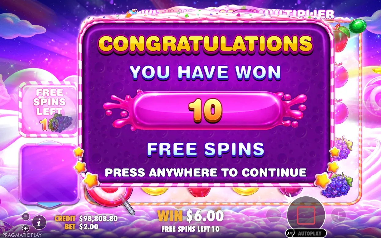 Annonce de 10 free spins gagnés, gain cumulé affiché à 6,00 $, compteur de tours à 10.