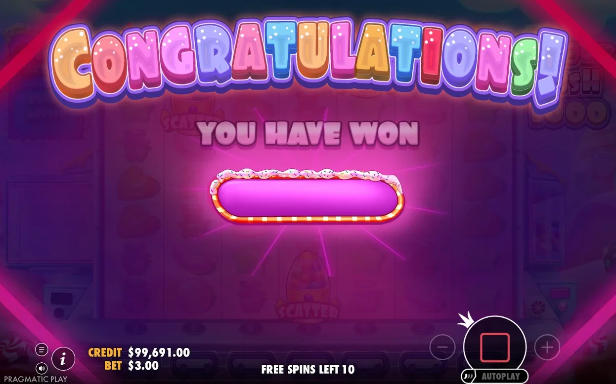 Écran de victoire Congratulations avec bandeau rose vide en cours d'animation, 10 tours gratuits restants, mise 3,00 $.