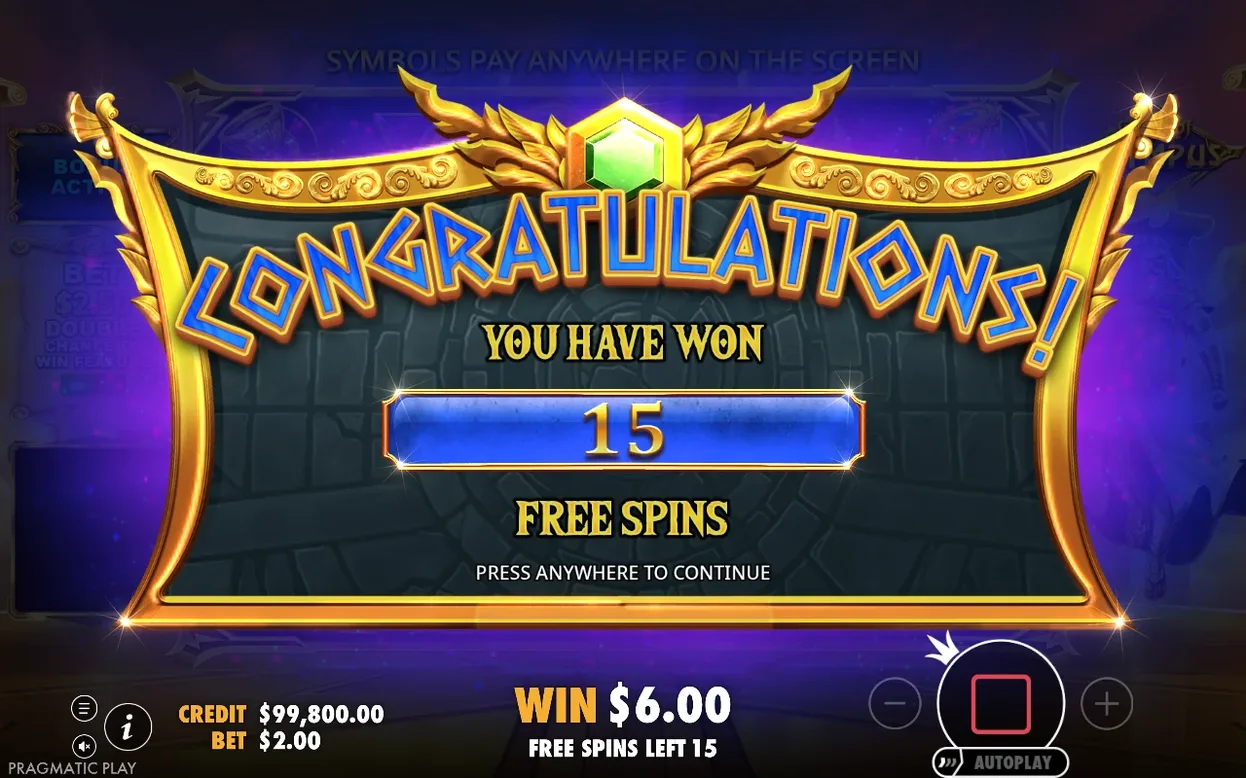 Écran Congratulations annonçant 15 Free Spins gagnés, gain de 6 $ affiché en bas.