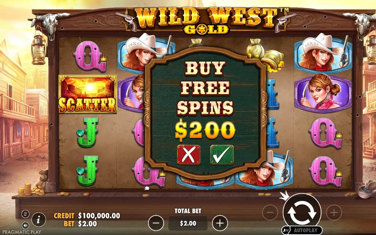 Popup d'achat des free spins à 200 $, avec boutons rouge (annuler) et vert (confirmer).