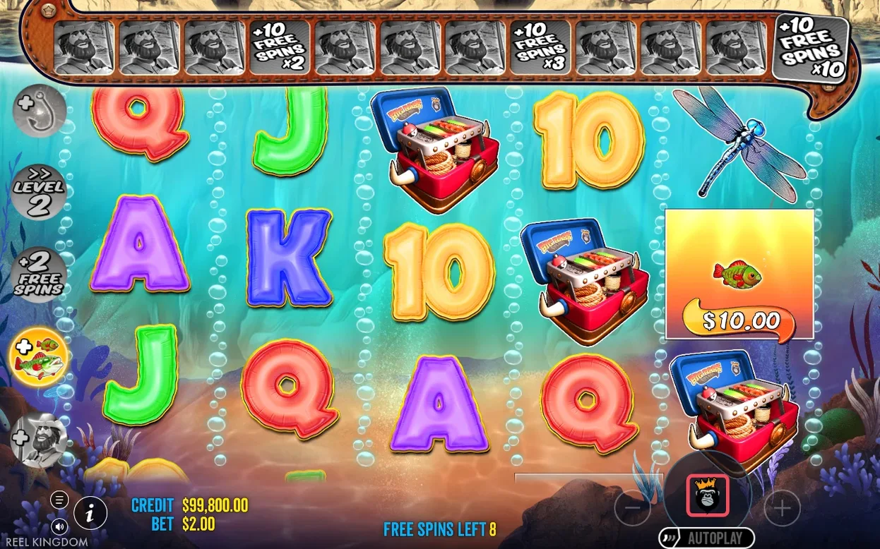 Tours gratuits : jauge du pêcheur avec paliers +10 Free Spins x2, x3, x10, 8 tours restants, poisson à 10,00 $.