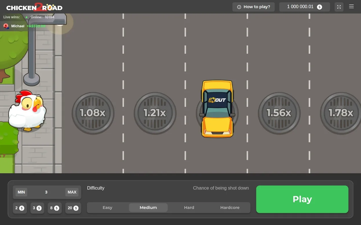 Taxi iNOUT masquant une case, multiplicateurs 1.08x à 1.78x sur la route en difficulté Medium