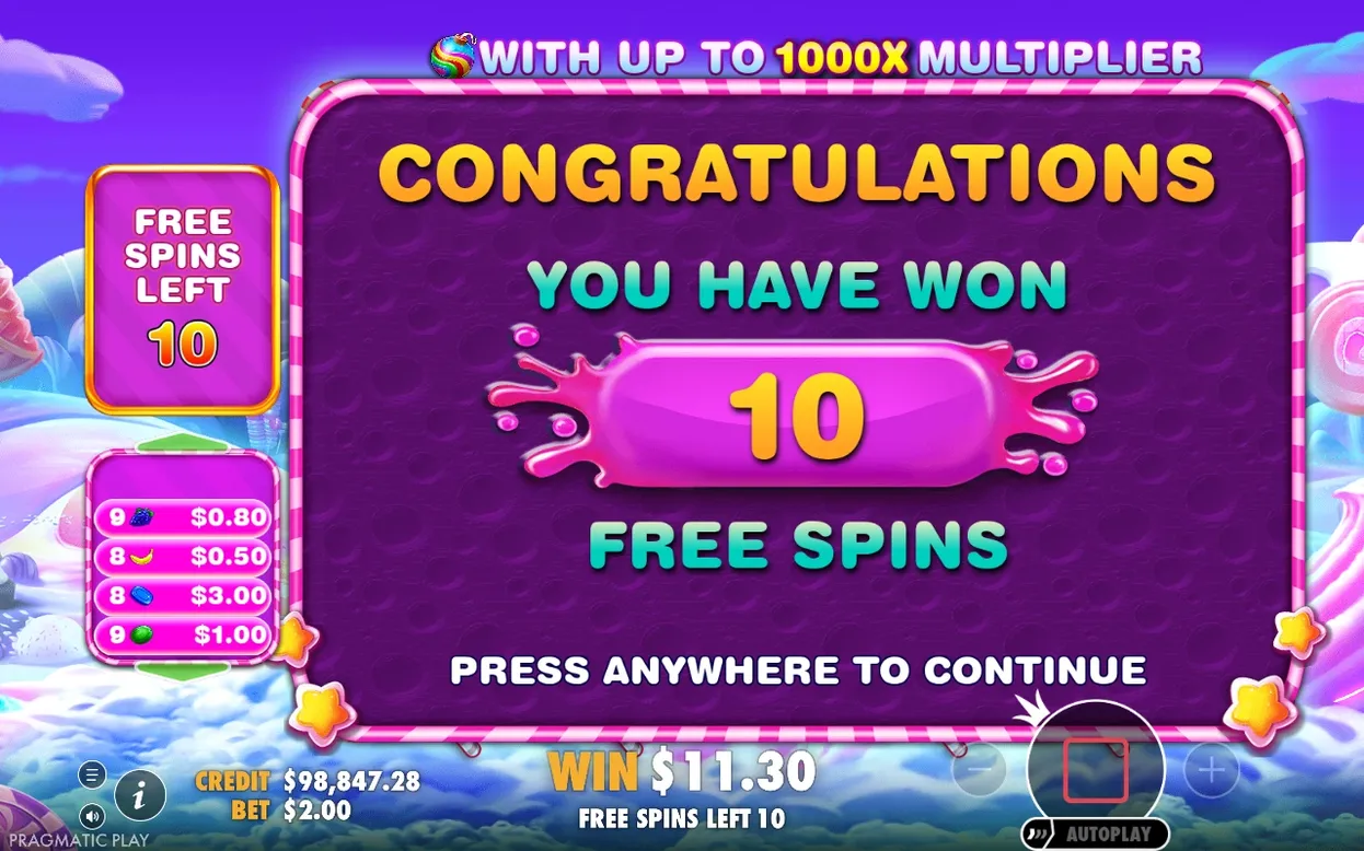 Écran de félicitations annonçant 10 free spins gagnés, avec un gain déjà affiché à 11,30 $.