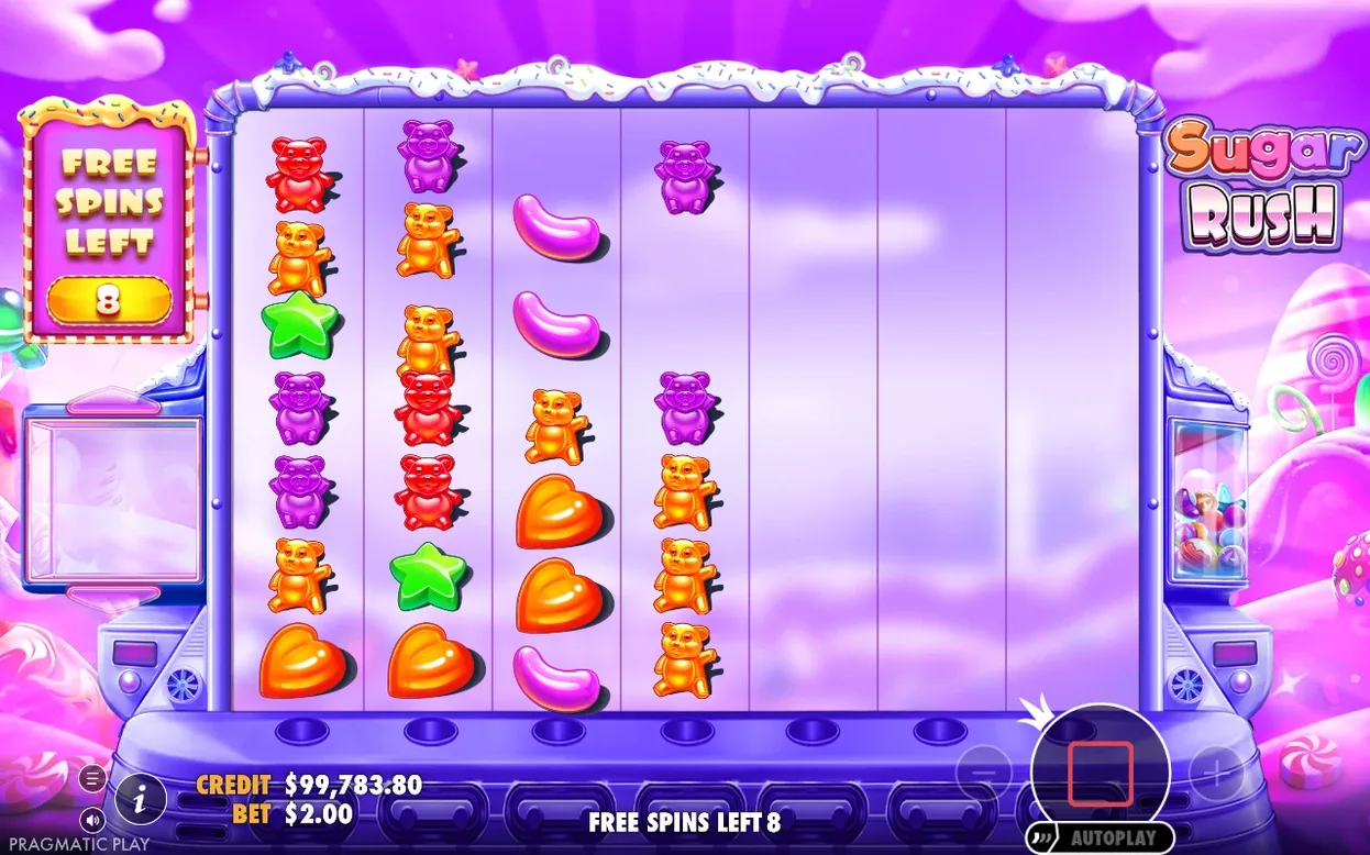 Tour de free spins sur fond violet, colonnes encore vides à droite, compteur FREE SPINS LEFT à 8.