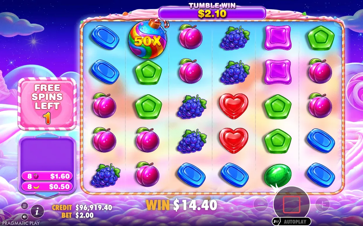 Tumble Win à 2,10 $ avec un bonbon multiplicateur 50x, 1 free spin restant, gain total 14,40 $.