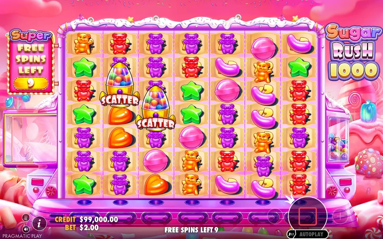 Grille Super Free Spins sur fond rose, deux symboles Scatter fusée visibles, compteur à 9 tours restants.