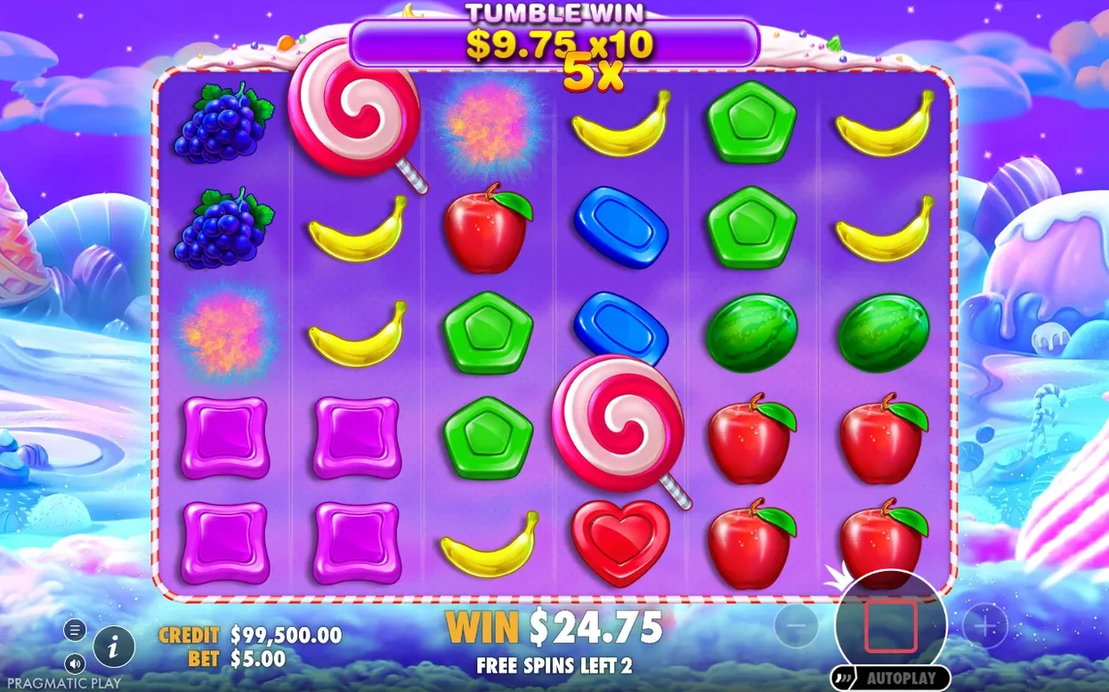 Pendant les tours gratuits, une bannière Tumble Win affiche 9,75 $ x10 avec un multiplicateur de 5x cumulé.