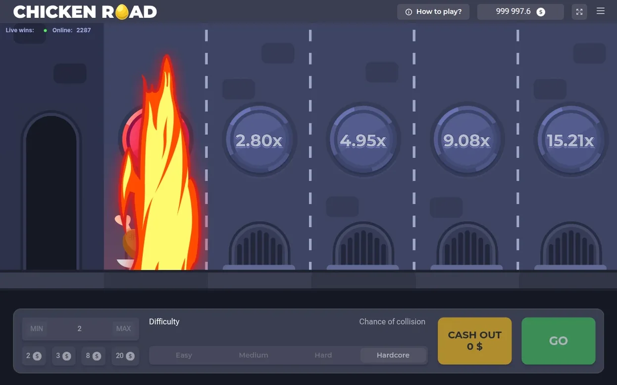 Mode Hardcore : la flamme embrase la voie 1, Cash Out retombe à 0 $, le pari est perdu.