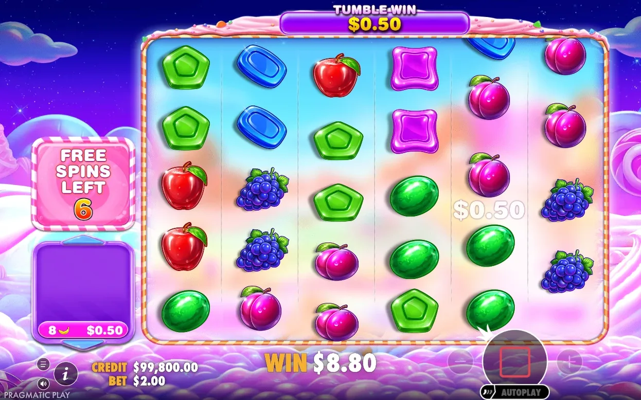 Bannière Tumble Win à 0,50 $ sur la grille de bonbons et fruits, 6 free spins restants, gain 8,80 $.
