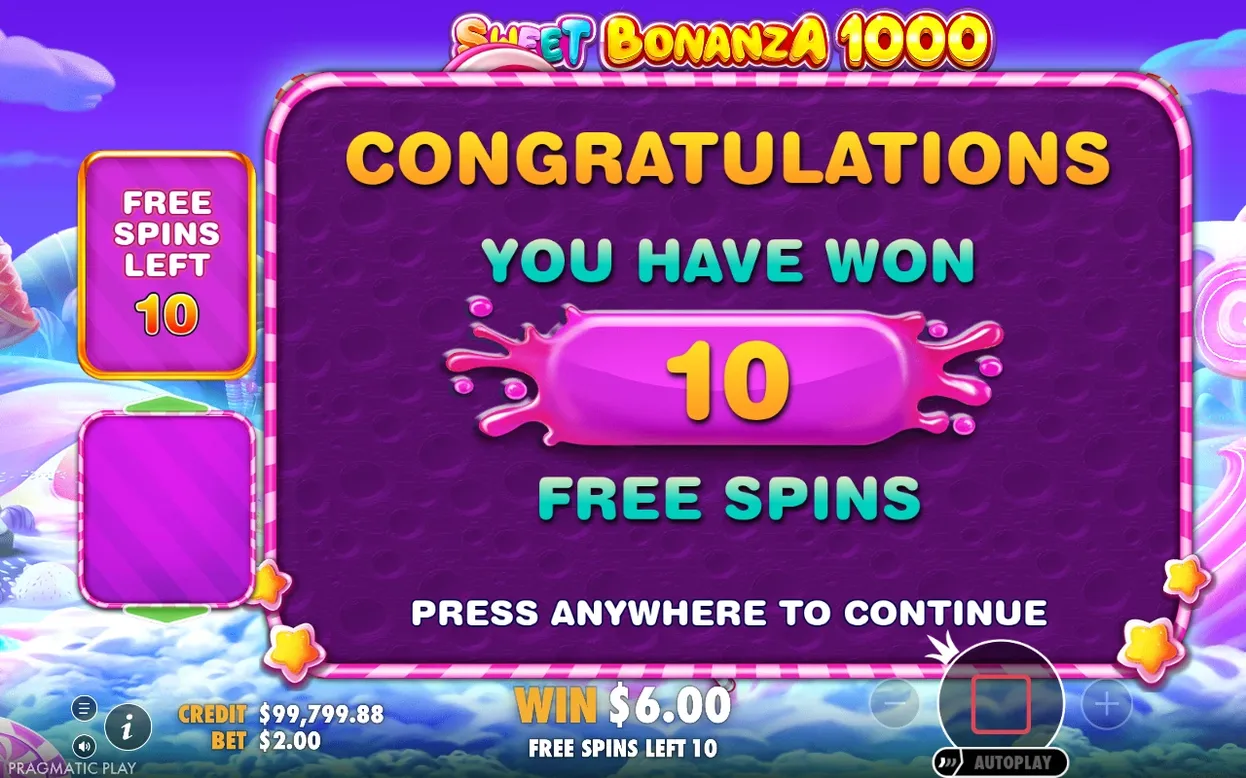 Écran de félicitations pendant les free spins : compteur à 10 tours restants, gain de 6,00 $.