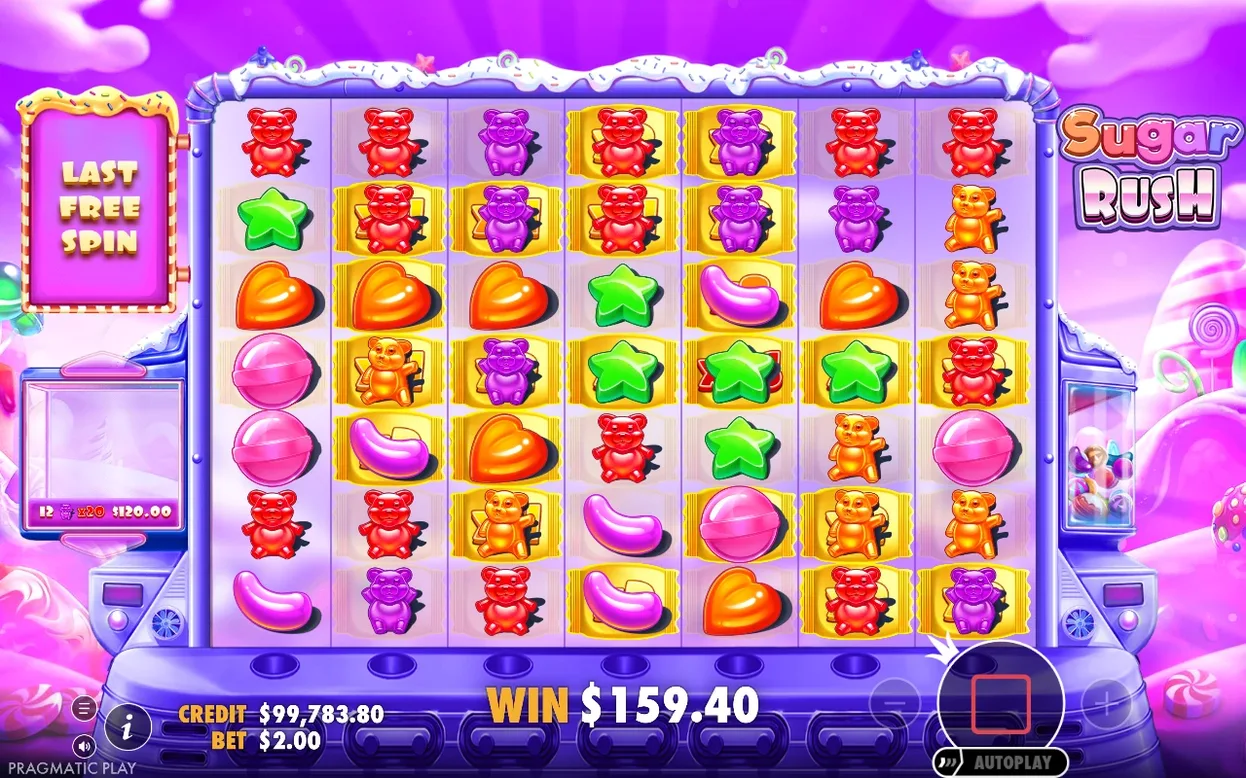 Dernier free spin : cluster de 12 oursons violets marqués x20, gain de 159,40 $ affiché au centre.