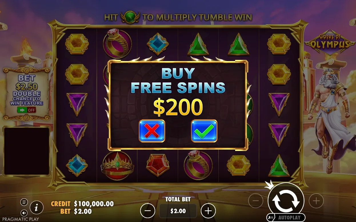 Fenêtre Buy Free Spins à 200 $ sur les rouleaux, boutons annuler rouge et valider vert.