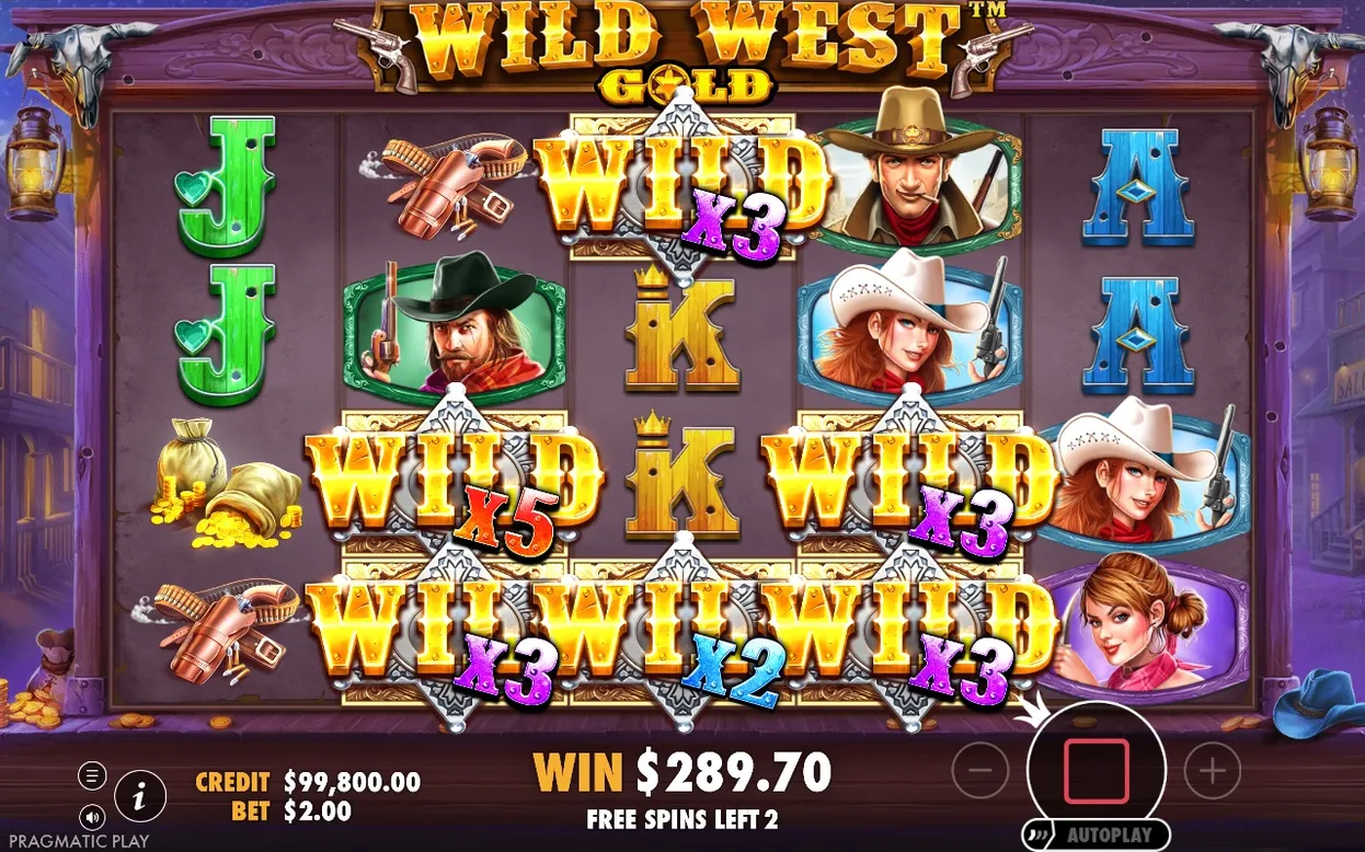 Free spins avec cinq WILD collants multipliés (x5, x3, x3, x2, x3), gain de 289,70 $, 2 tours restants.