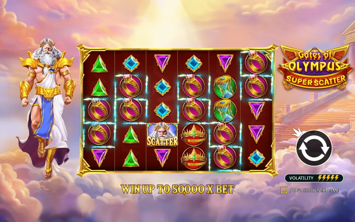 Écran d'introduction avec Zeus, grille de gemmes et mention Win up to 50000 x bet