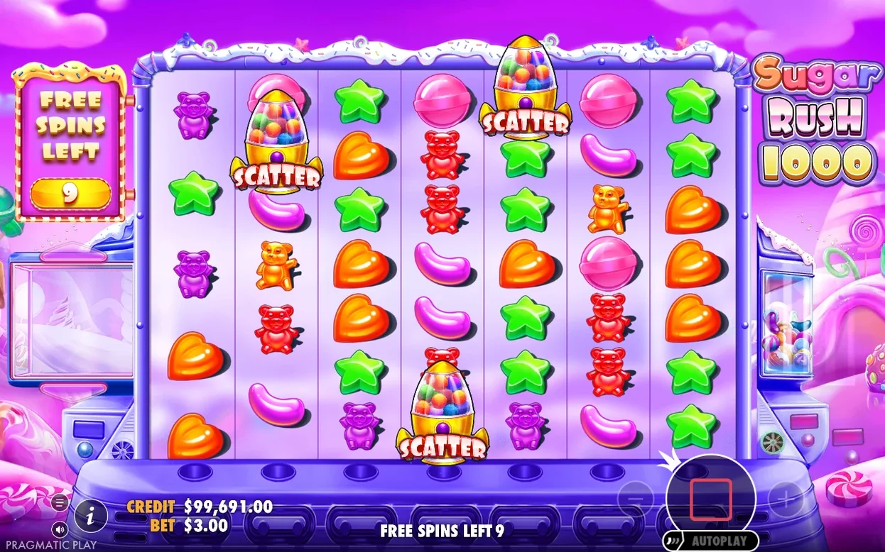 Free Spins classiques sur fond violet, trois symboles Scatter fusée, compteur à 9 tours restants, mise 3,00 $.