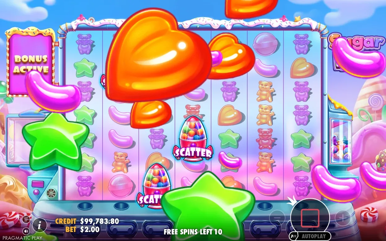 Bannière Bonus Active, bonbons géants tombant sur la grille avec deux symboles SCATTER, 10 free spins restants.