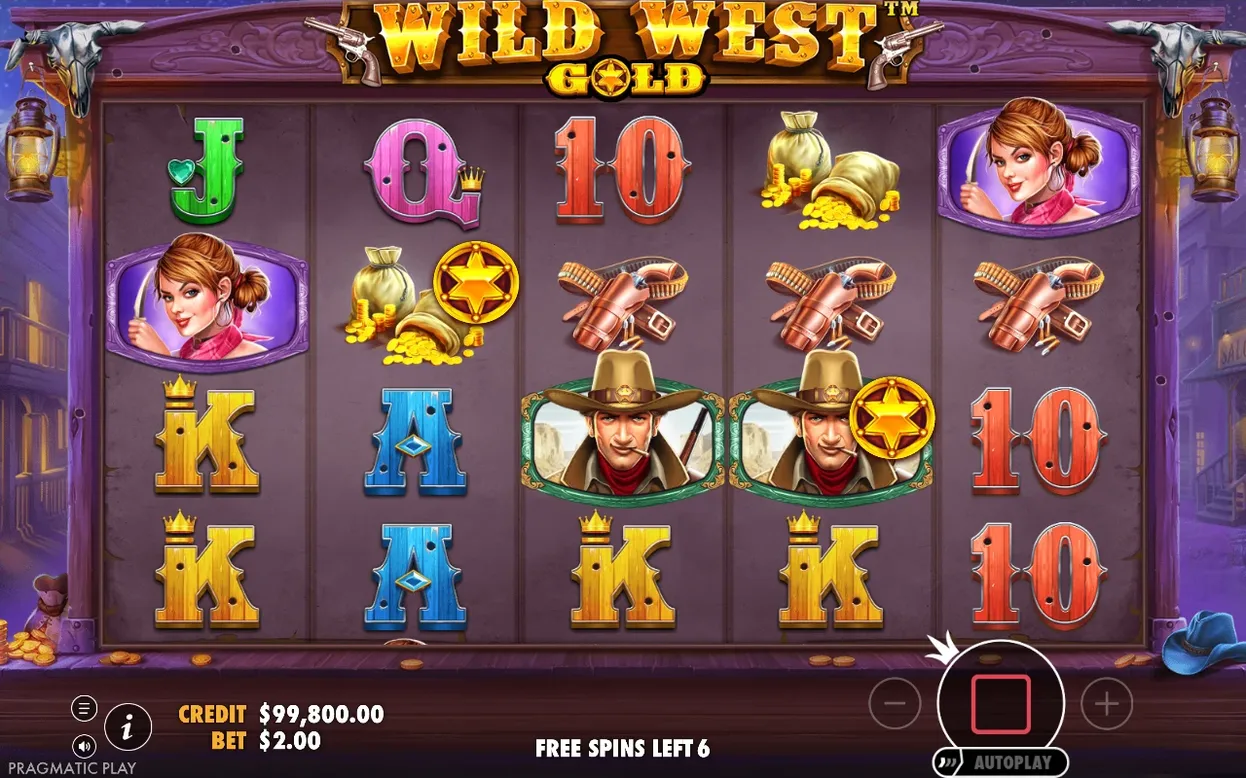 Free spins actifs sur fond violet nocturne, symboles cowboys et cartes, 6 tours restants affichés.